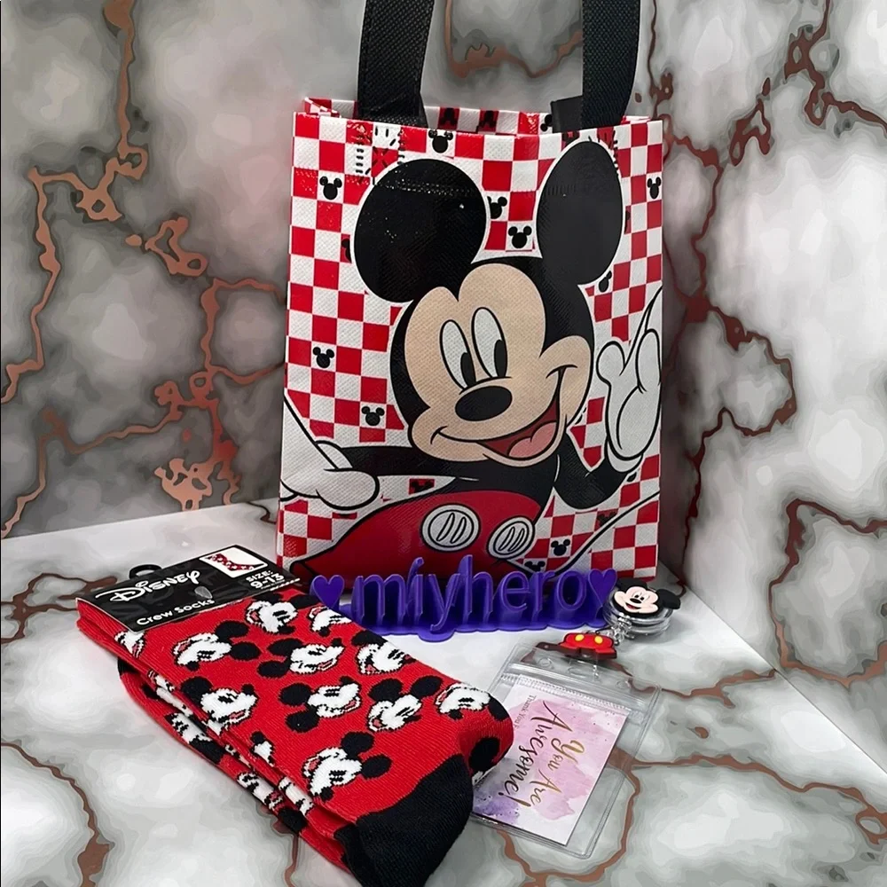 Disney Mickey Mouse 3‑Piece Set • Checkered Mini Tote + Crew Socks + Lanyard NWT